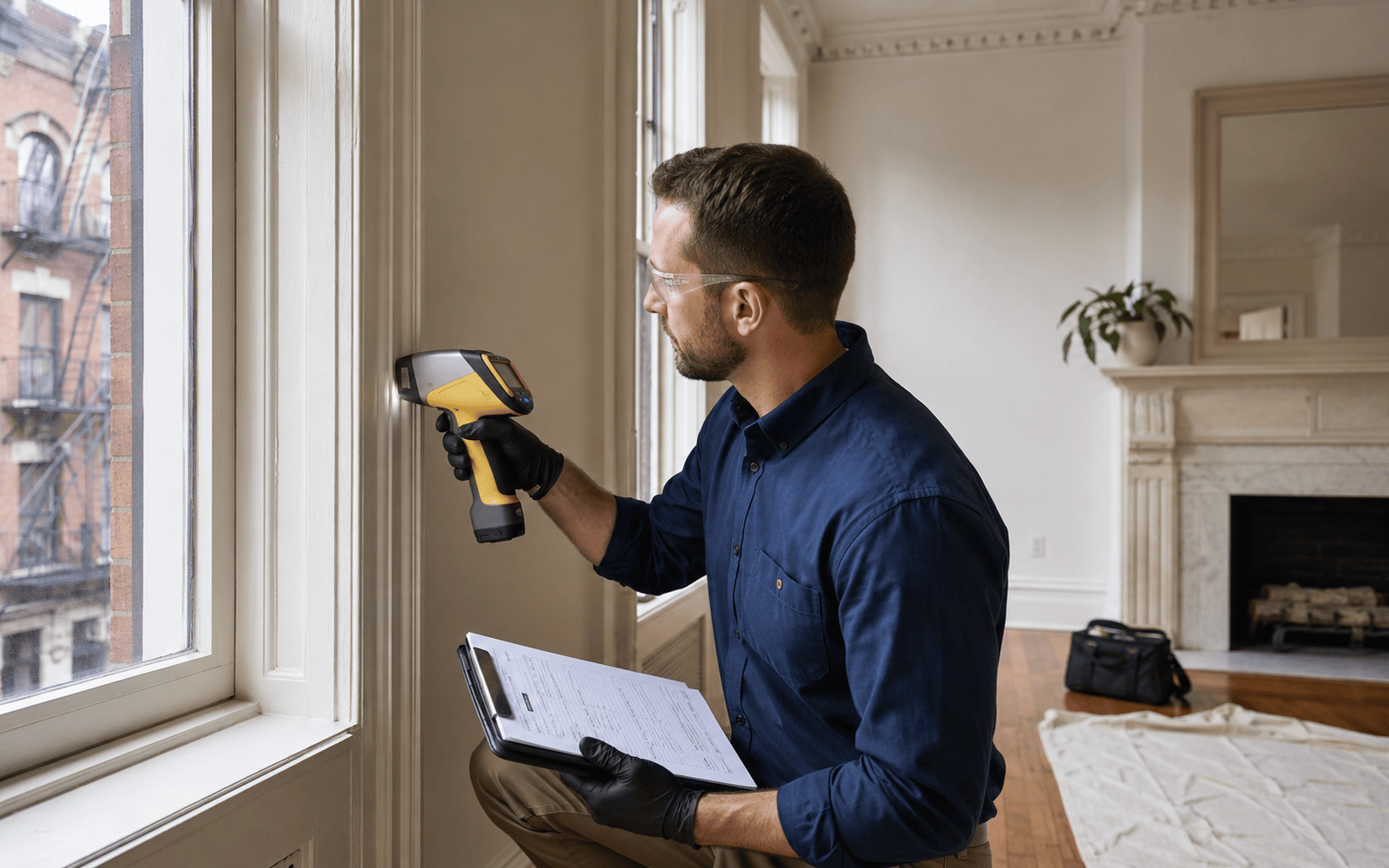 NYC lead paint inspector using an XRF analyzer on painted apartment trim while documenting inspection standards.