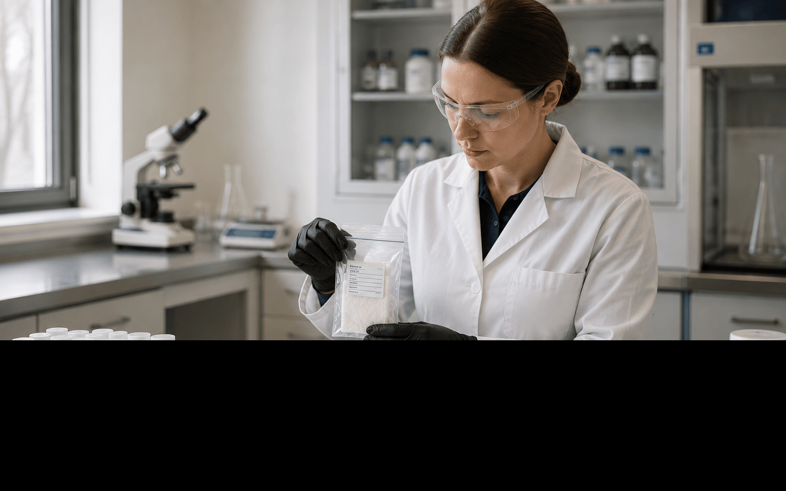 Laboratory technician handling sealed lead dust wipe samples with chain-of-custody records.