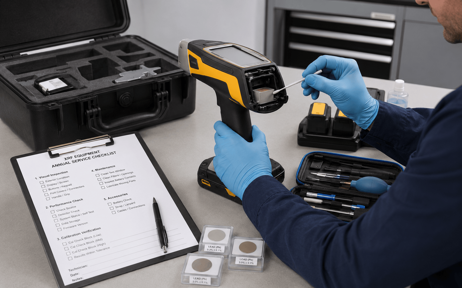 Annual servicing workspace for XRF equipment with maintenance checklist, calibration blocks, and a handheld analyzer being cleaned and checked.