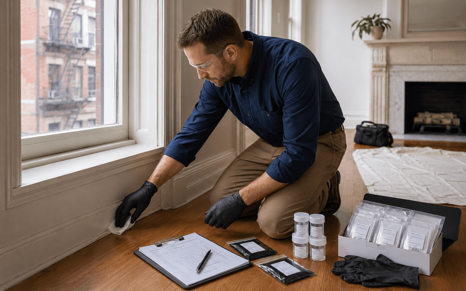 Technician collecting a lead dust wipe sample with organized sampling supplies and chain-of-custody paperwork.