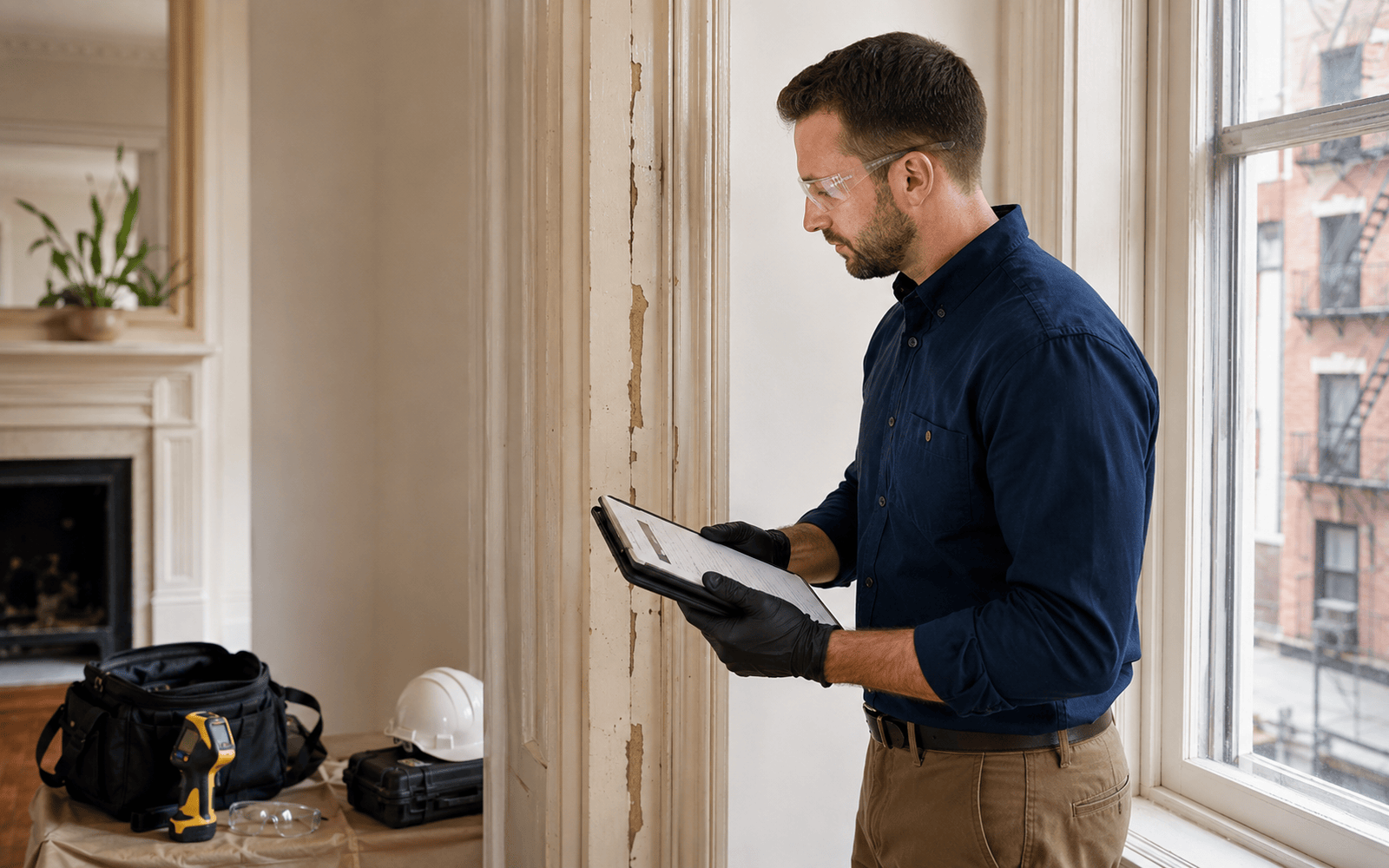Lead paint inspector reviewing standardized documentation near older painted apartment trim.