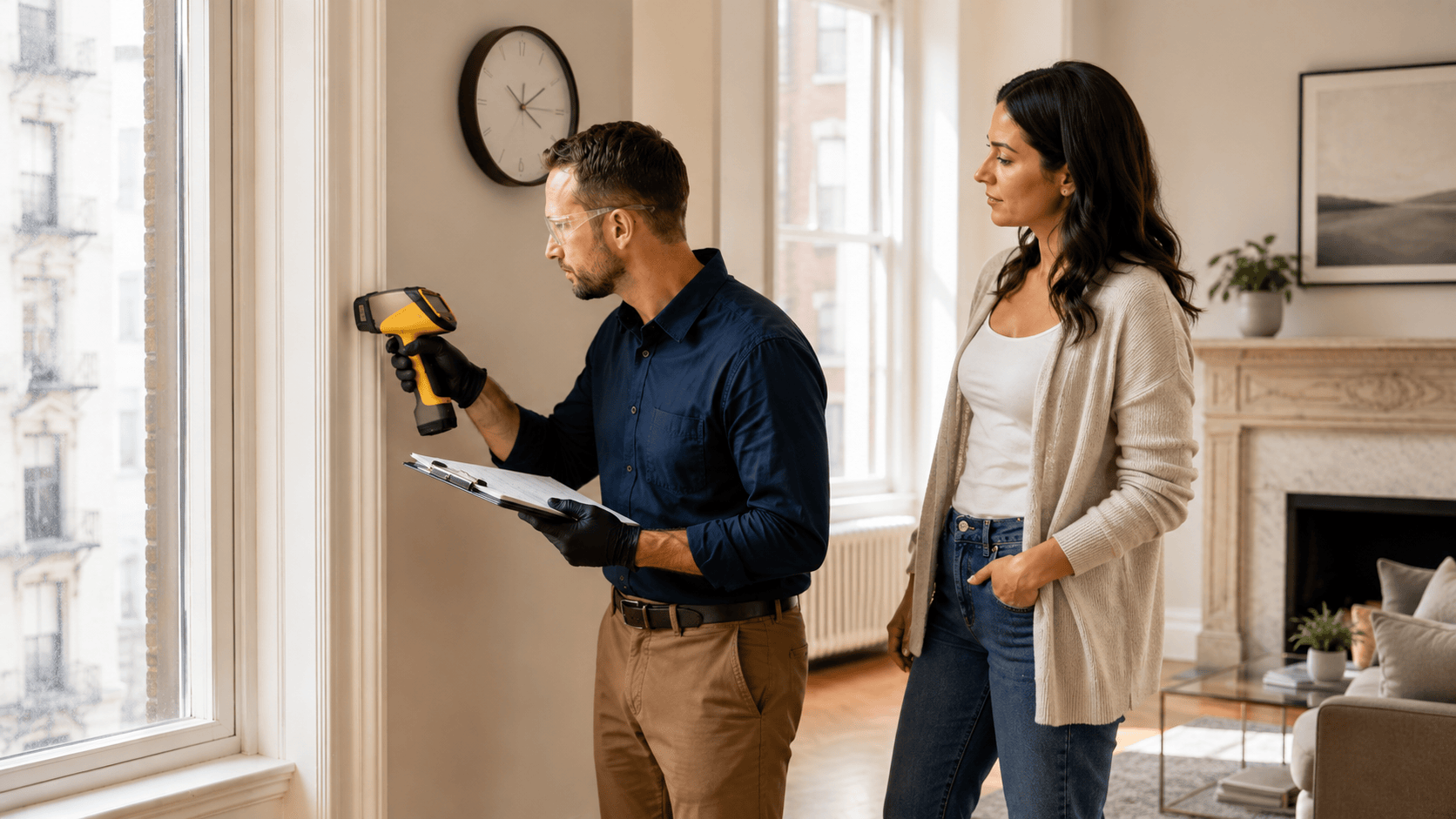 Lead inspector performing an apartment inspection with a clipboard and XRF analyzer as a wall clock suggests scheduling and timing.