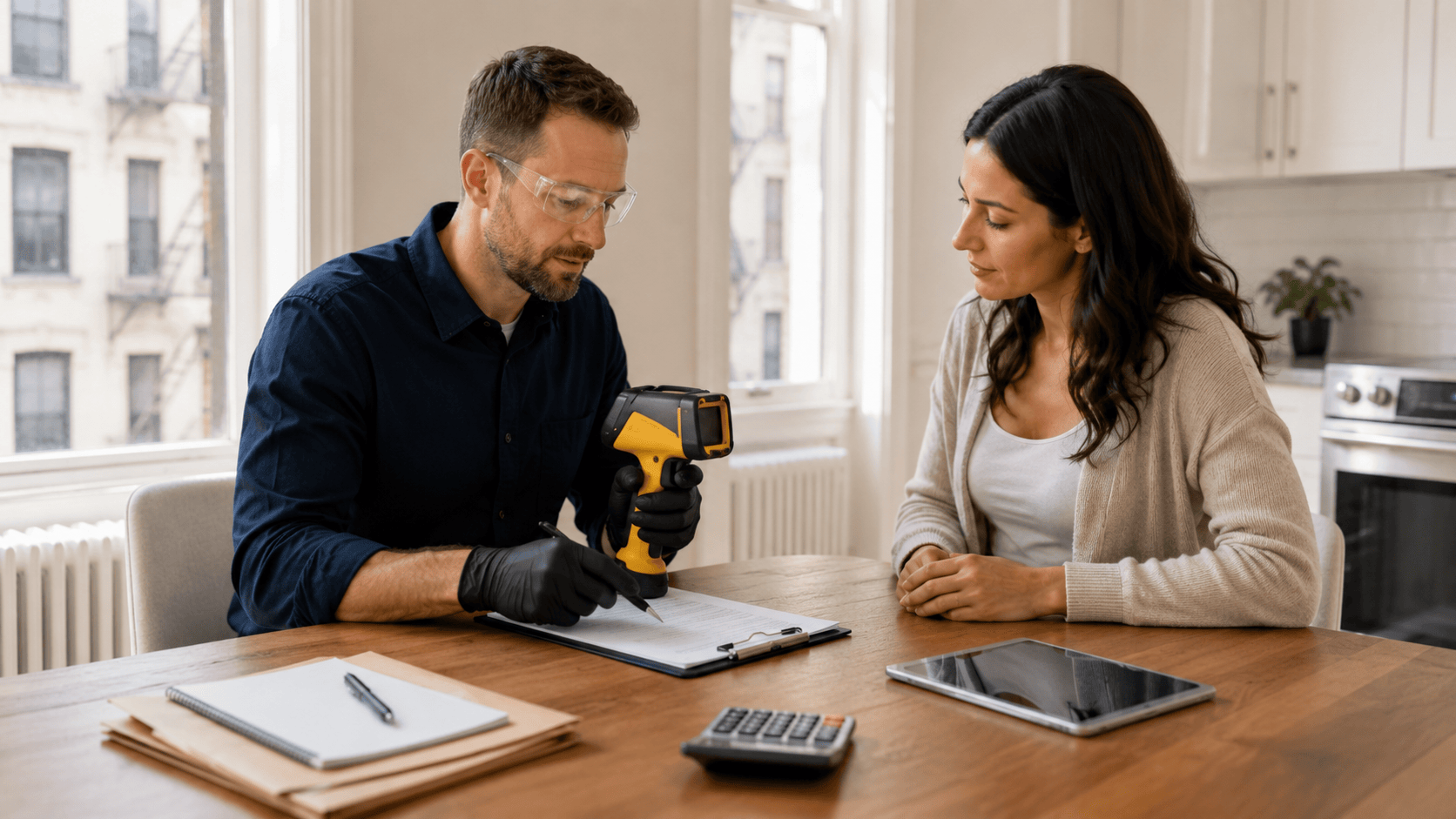 Lead paint inspection cost consultation in a NYC apartment with an inspector, estimate paperwork, and inspection equipment.