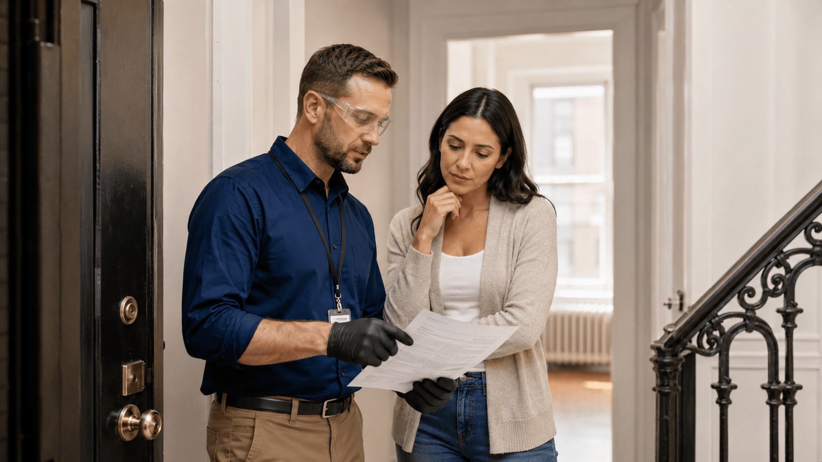 Resident reviewing a lead inspection notice with a professional inspector wearing ID in a NYC apartment hallway.