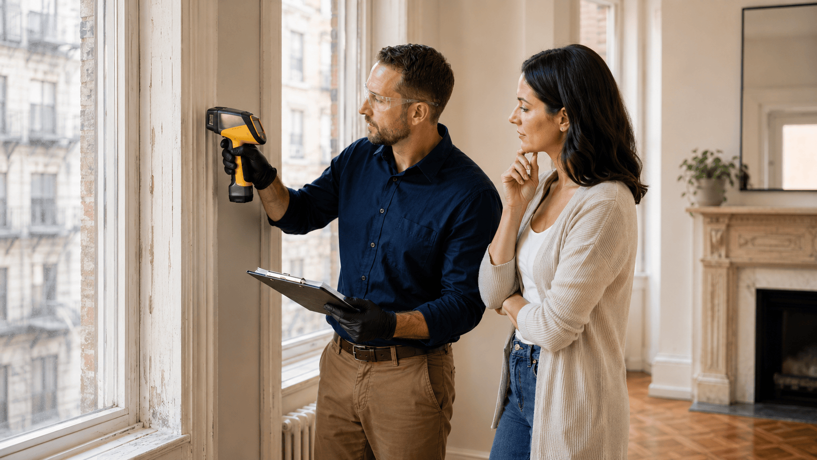 Lead inspector examining older painted window trim and discussing lead paint treatment options with a resident in a NYC apartment.