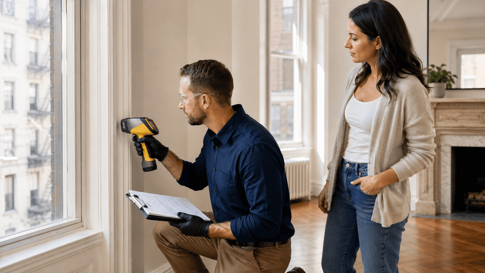Lead paint inspector using an XRF analyzer during a mandatory apartment inspection in a NYC apartment while a resident observes.
