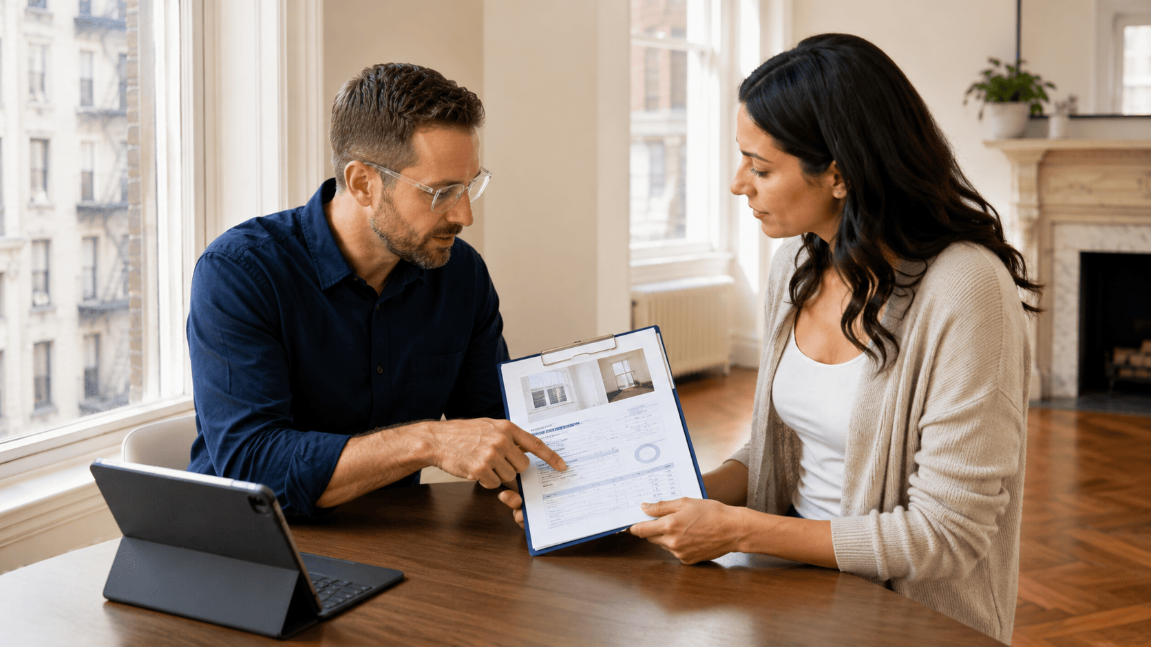 Tenant reviewing a lead inspection report with an inspector at a table in a bright NYC apartment.
