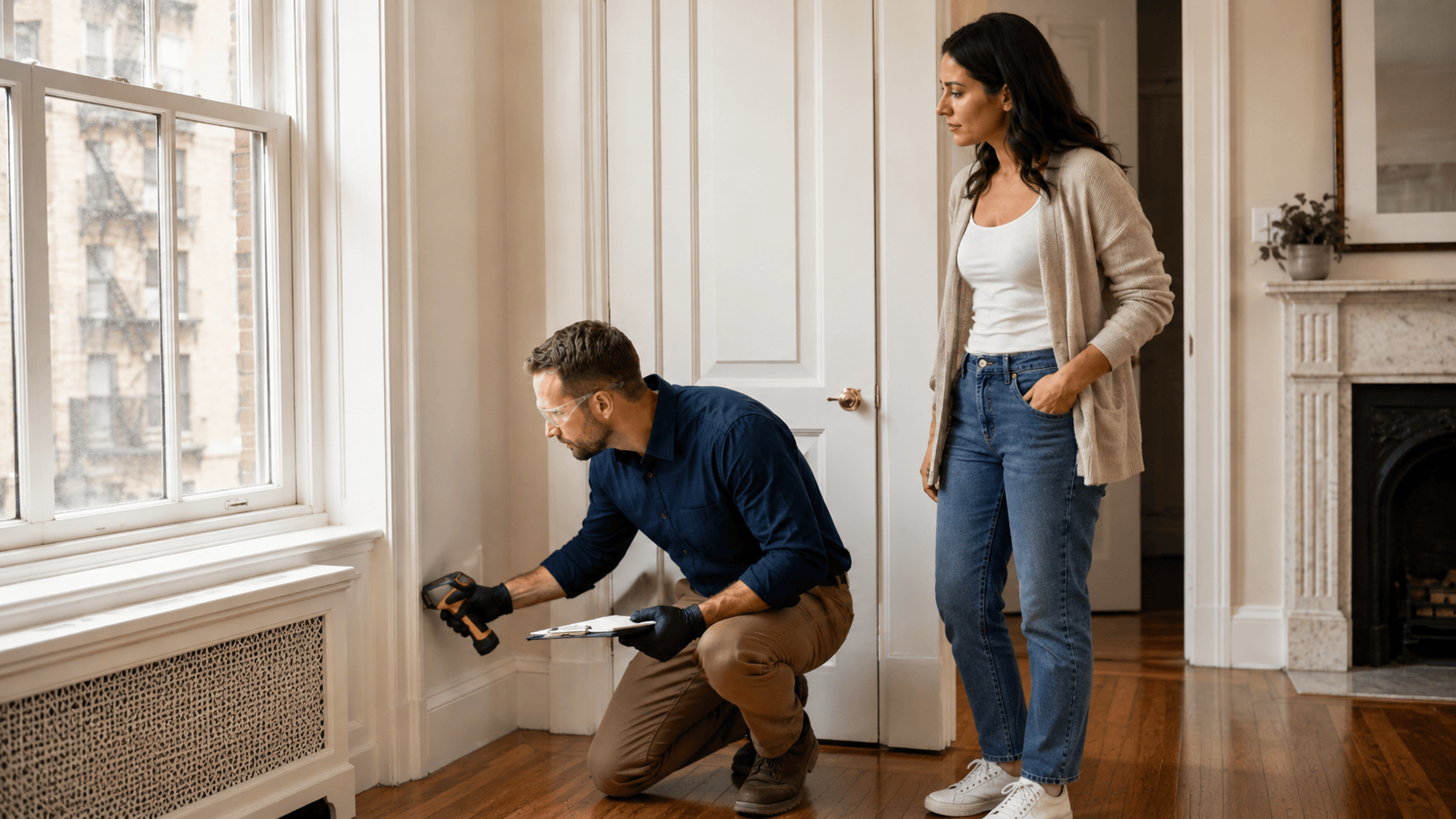 Lead inspector checking lower painted surfaces near a window in a NYC apartment while a resident observes.
