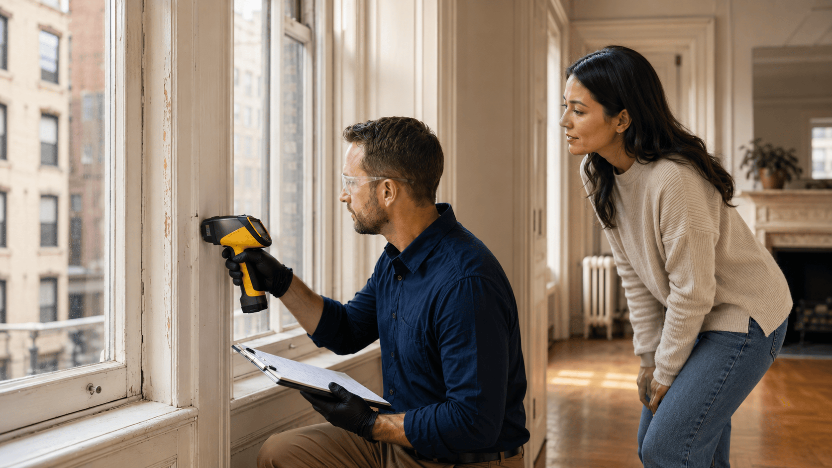 Lead inspector evaluating painted apartment surfaces in an older NYC apartment while a resident looks on with concern.