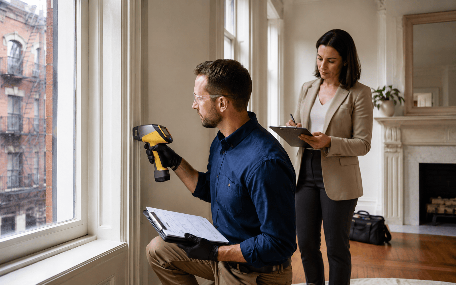 Lead paint inspector and building representative documenting Local Law 1 inspection requirements in a NYC apartment.
