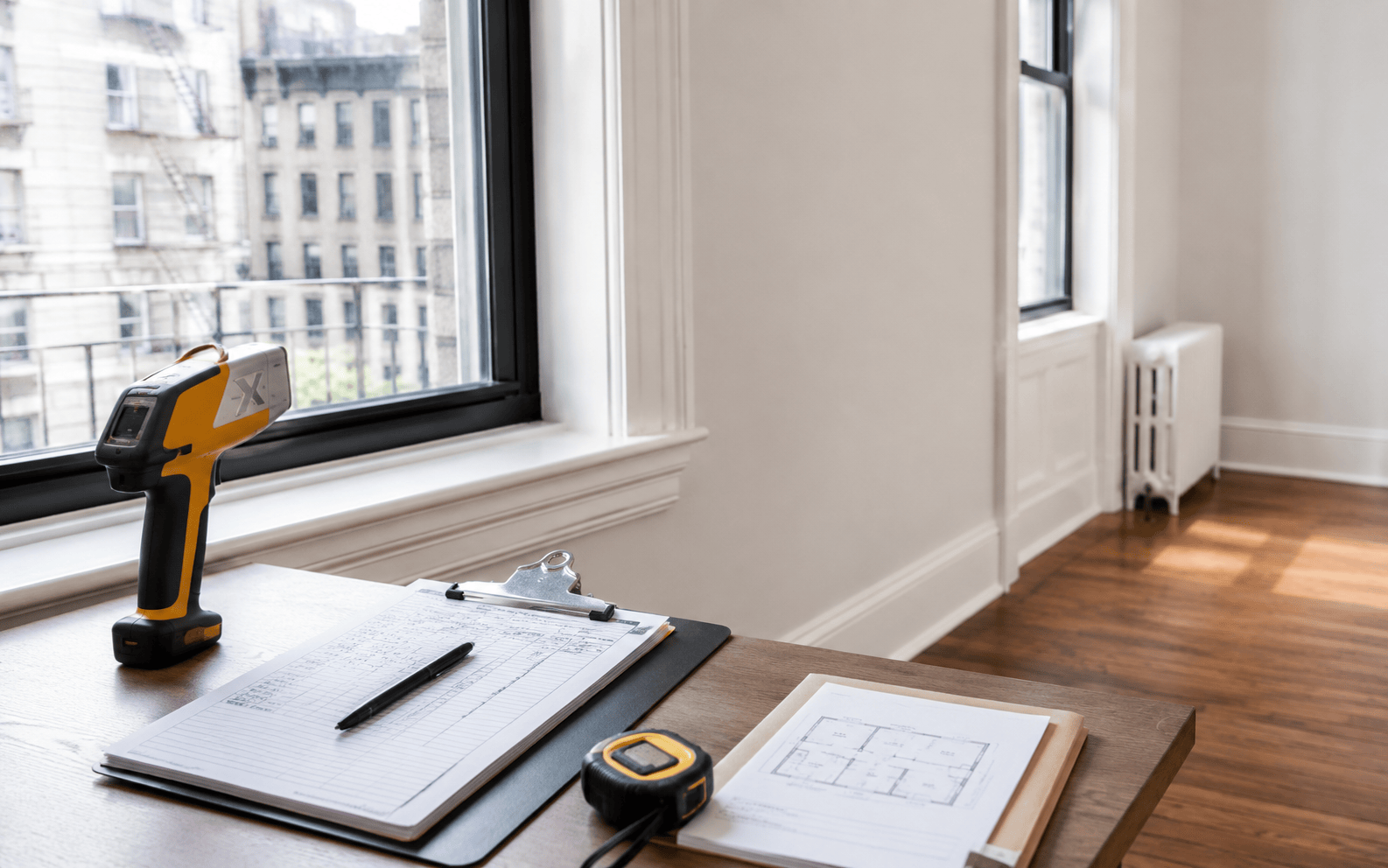Modern NYC apartment interior prepared for lead paint inspection with painted trim and XRF testing area.