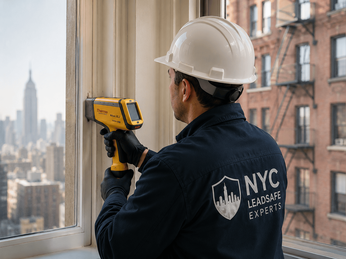 Lead inspector using an XRF analyzer in a New York City apartment window.