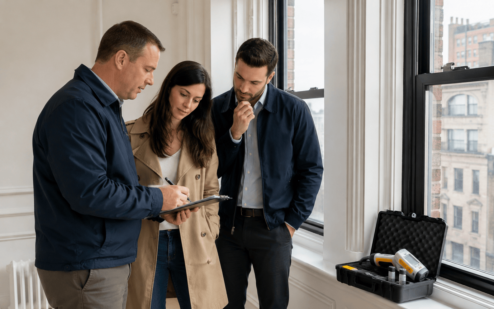 Lead paint inspector reviewing findings with prospective buyers or property stakeholders during a due diligence inspection in a New York City apartment.