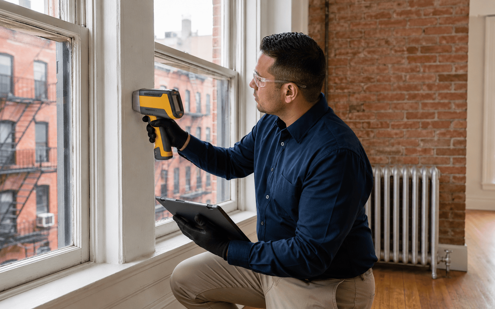 Inspector using a handheld XRF analyzer on painted window trim in a New York City apartment during a lead paint inspection.