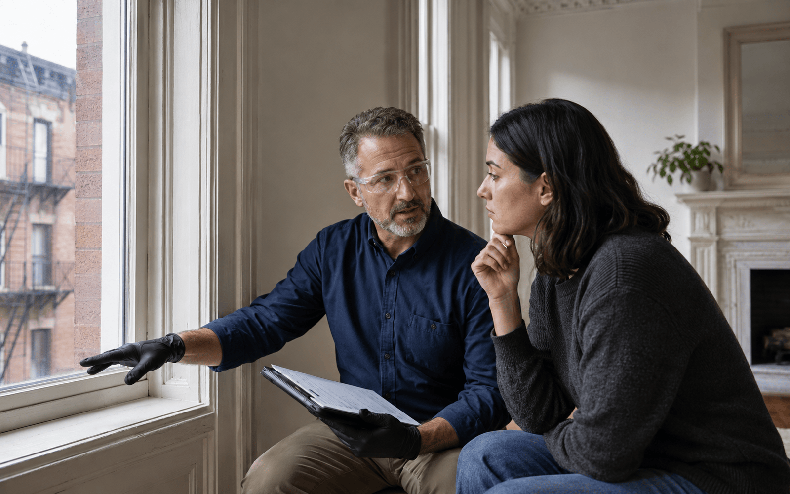 Lead paint inspector explaining inspection findings to a resident in an older New York City apartment.