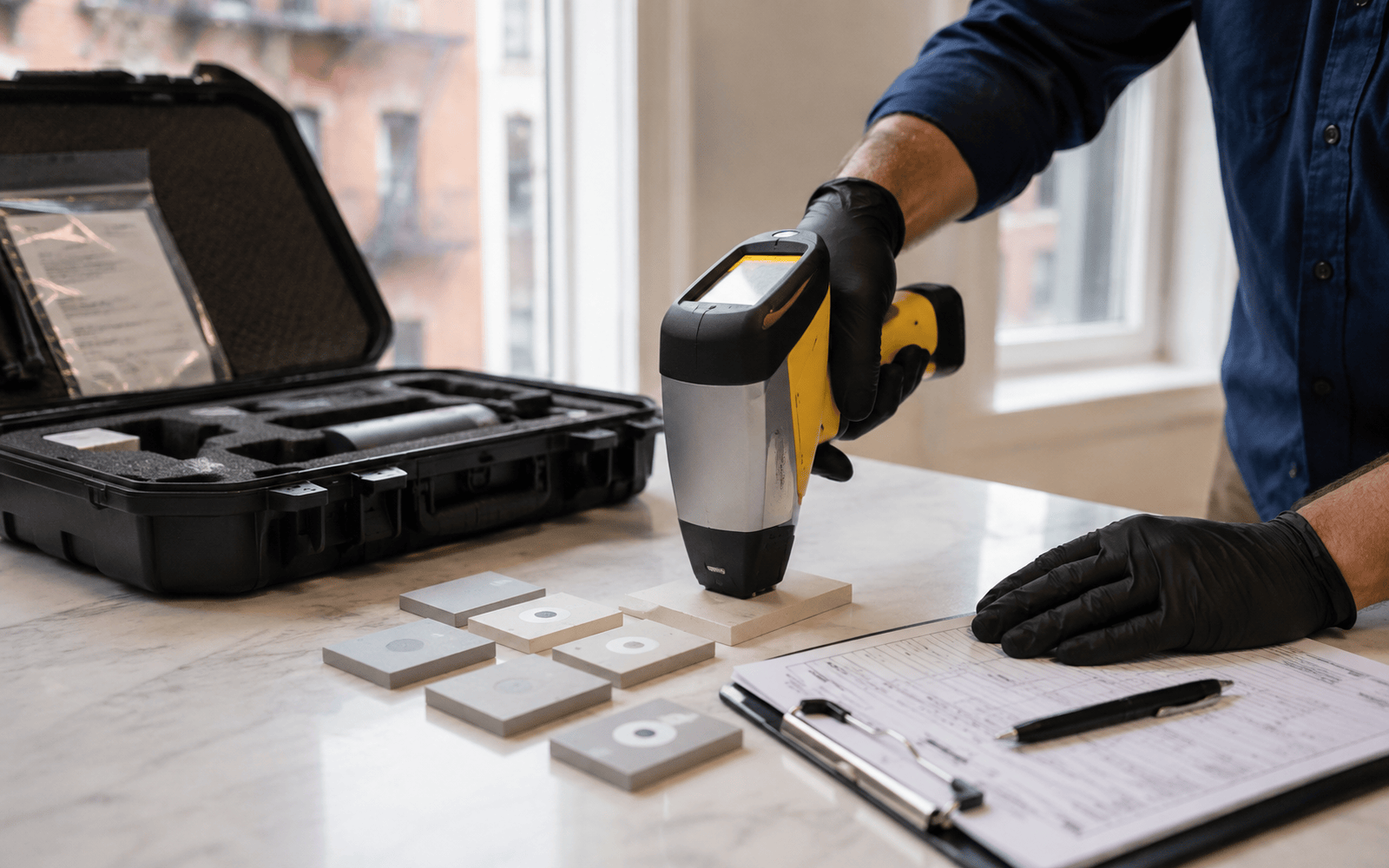 XRF analyzer checked against calibration standards with quality-control documentation nearby.